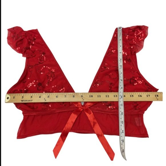Red Sequin Longline Bralette Sheer Mesh size XL - Picture 3 of 6